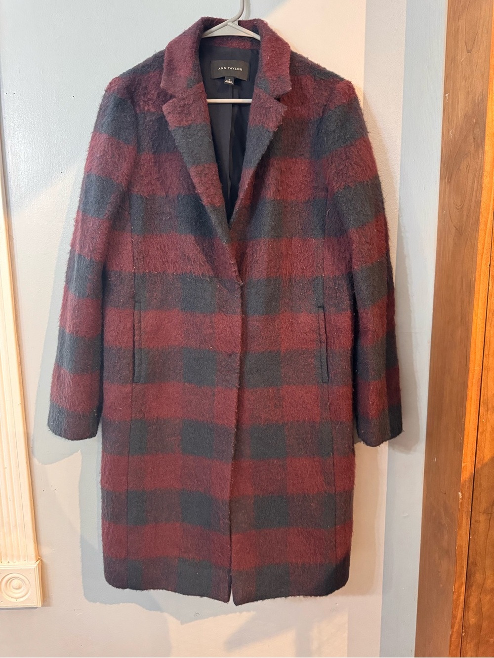 Ann Taylor Plaid Wool Blend Long Coat Burgundy Charcoal Size S